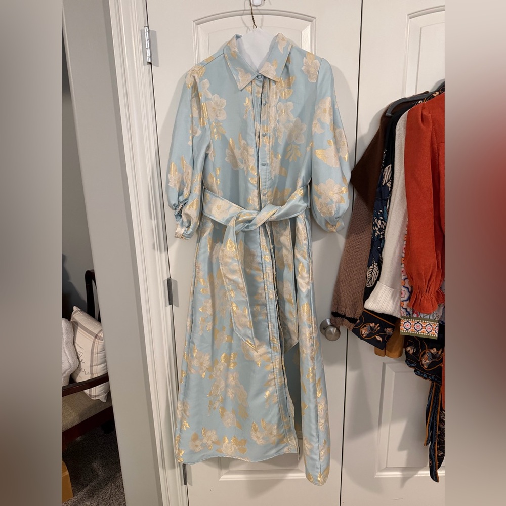 Gold Floral Metallic Belted Maxi Shirt Dress in Light Blue
